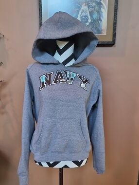 Gray NAVY Hooded Sweatshirt with Teal Accent